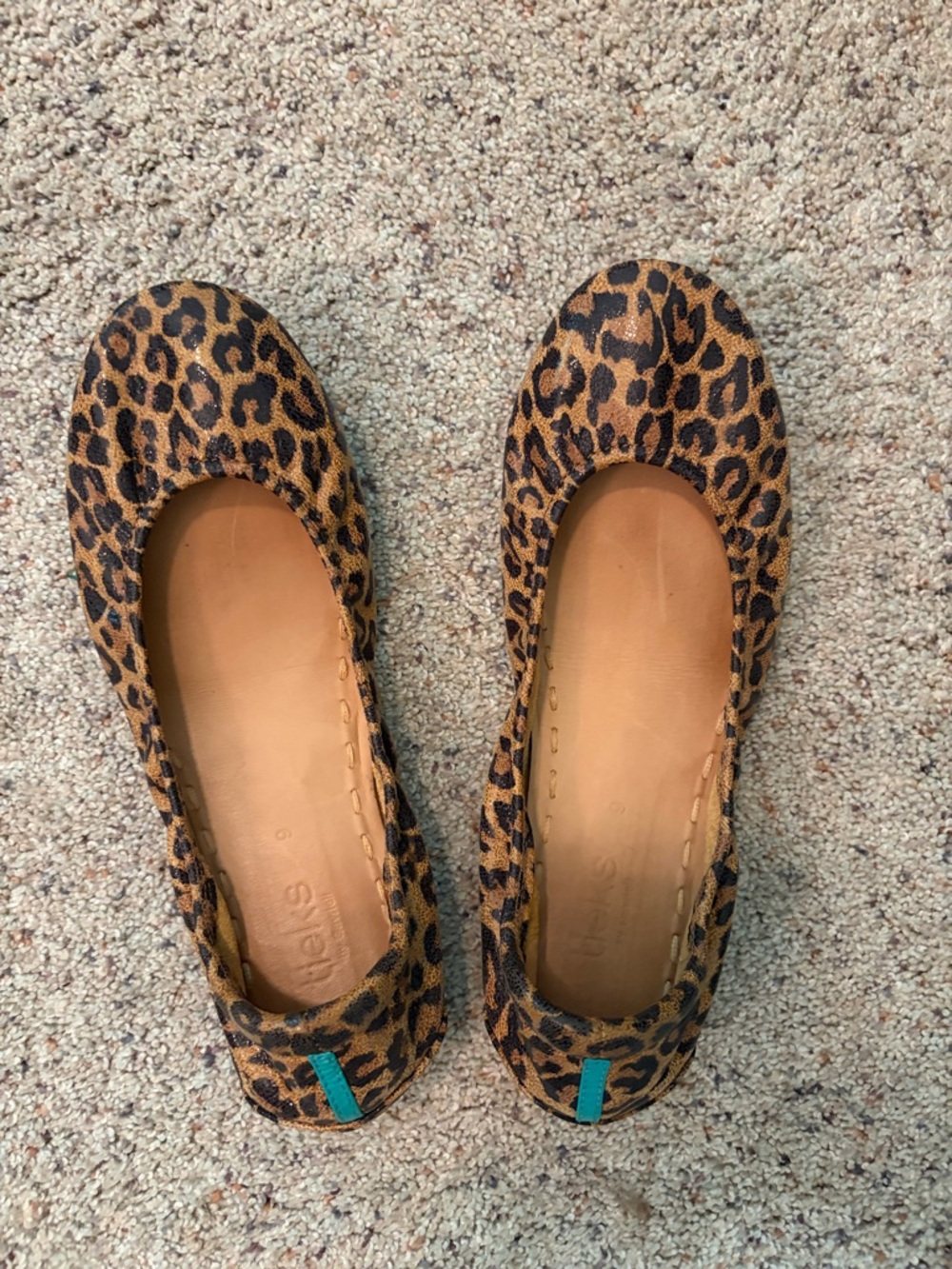 Tieks Leopard Ballet Flats in Brown and Black with Teal Heel Tab